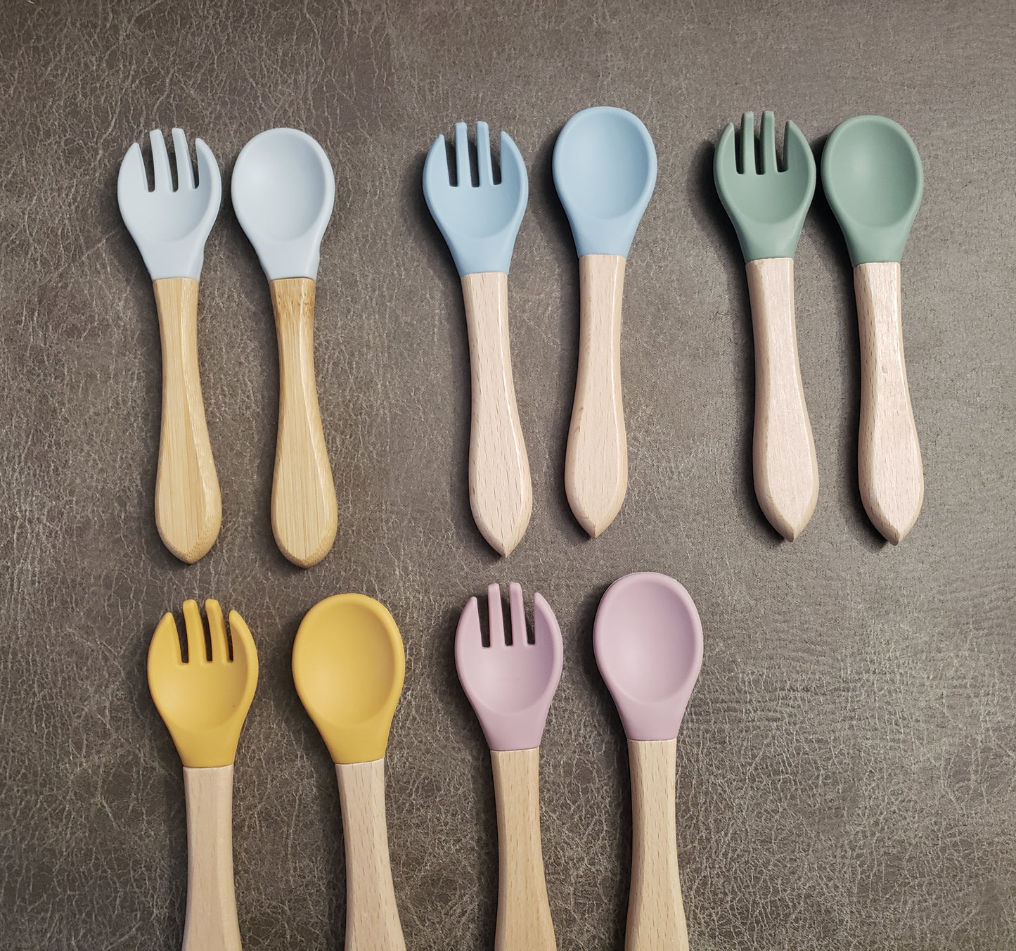 Baby silicone and wood spoon and fork set personalized