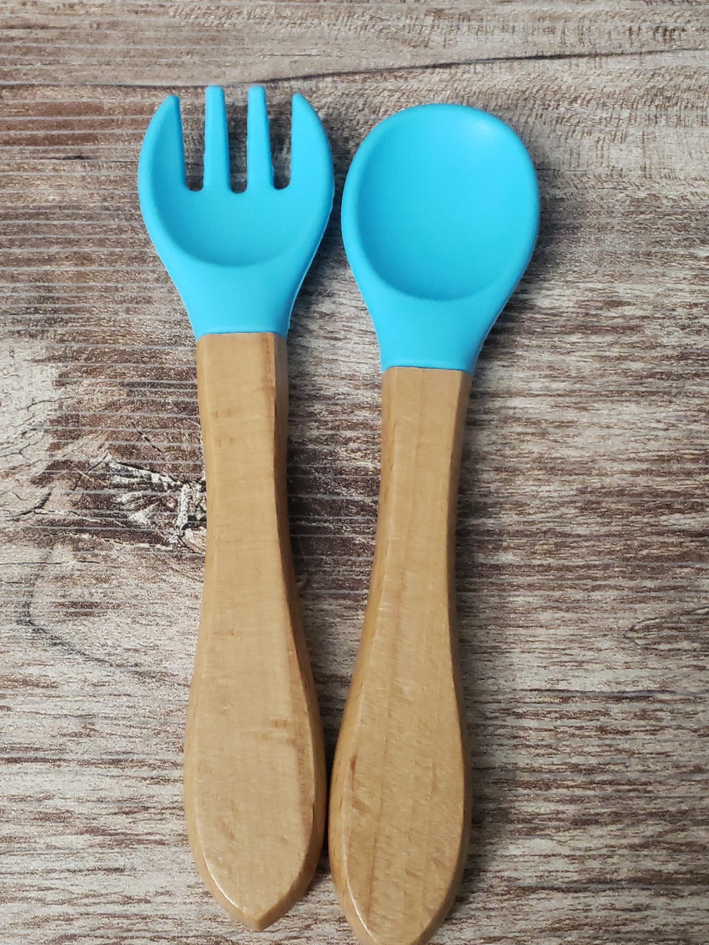 Baby silicone and wood spoon and fork set personalized