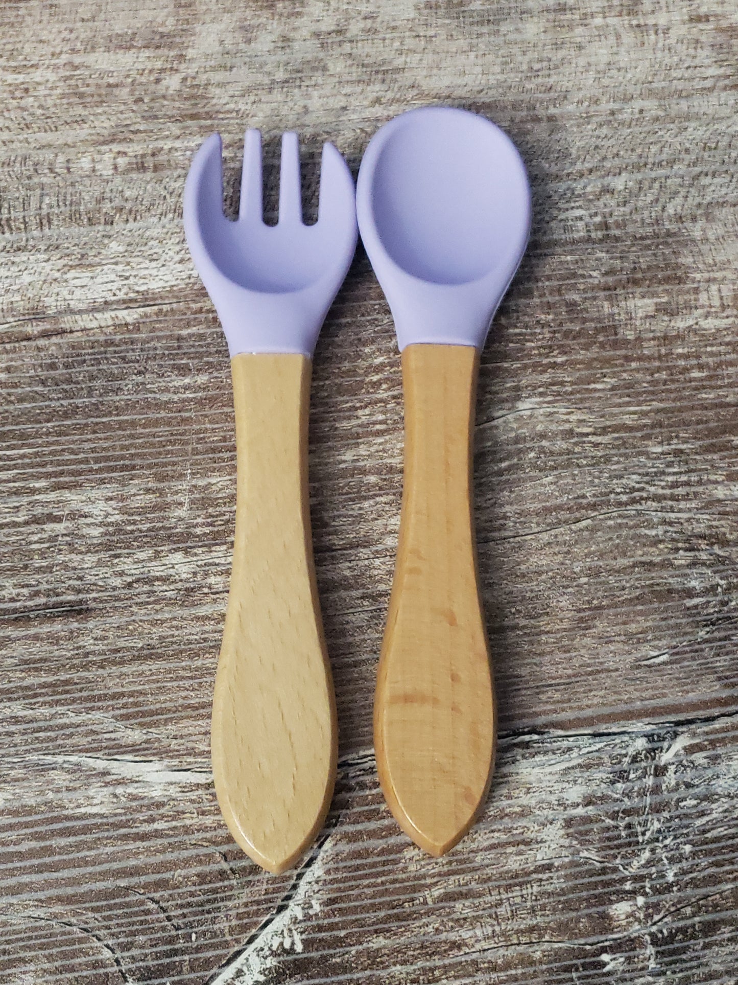Baby silicone and wood spoon and fork set personalized