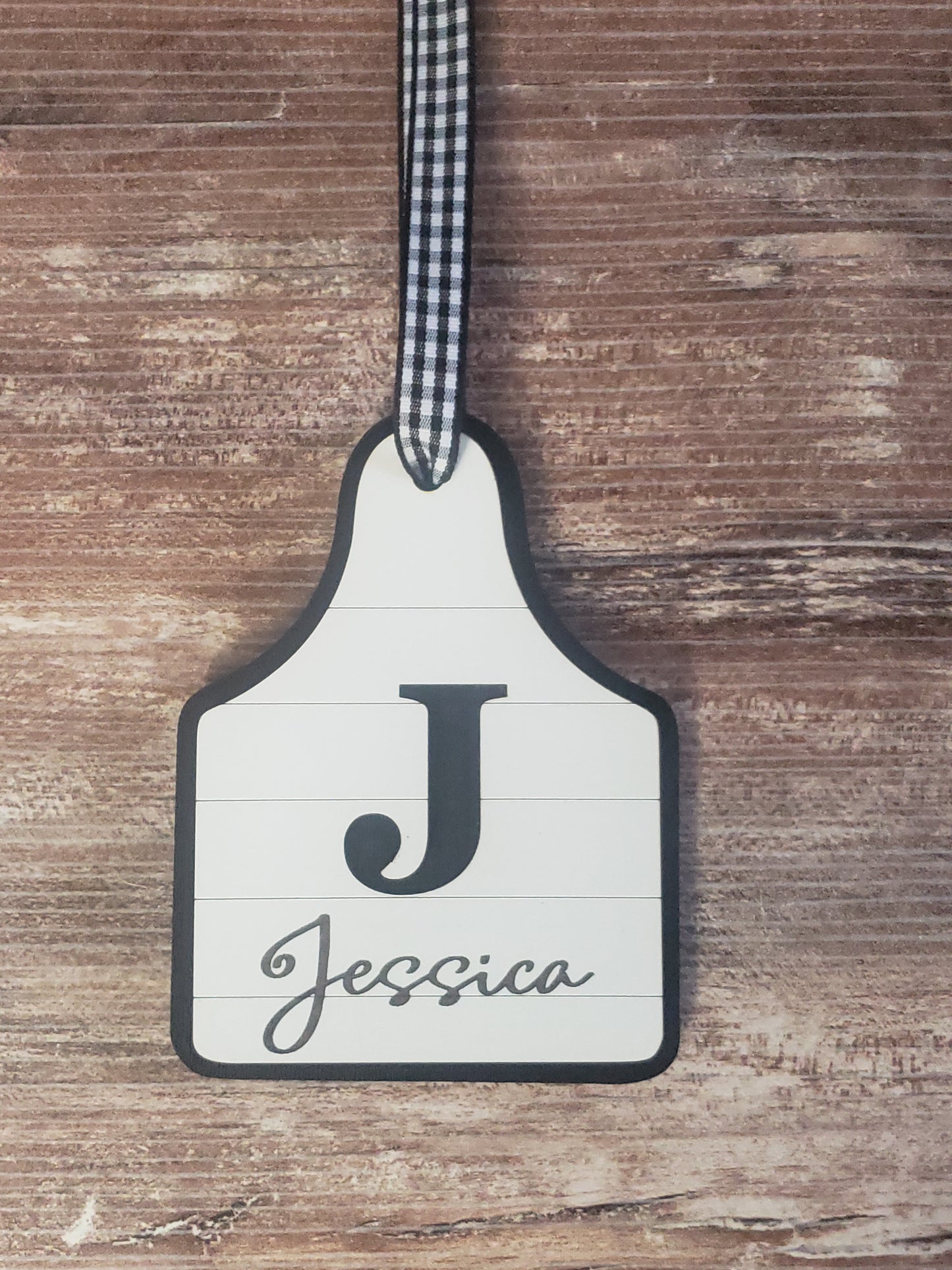 Ear Tag Name cutout ornaments 2 layer Personalized