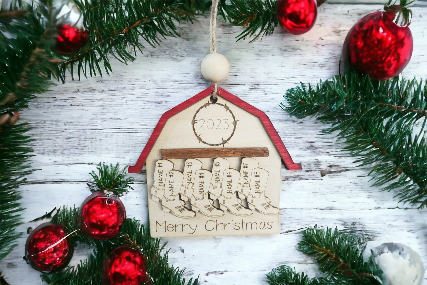 Barn with Boots Merry Christmas 2024 Ornament Personalized