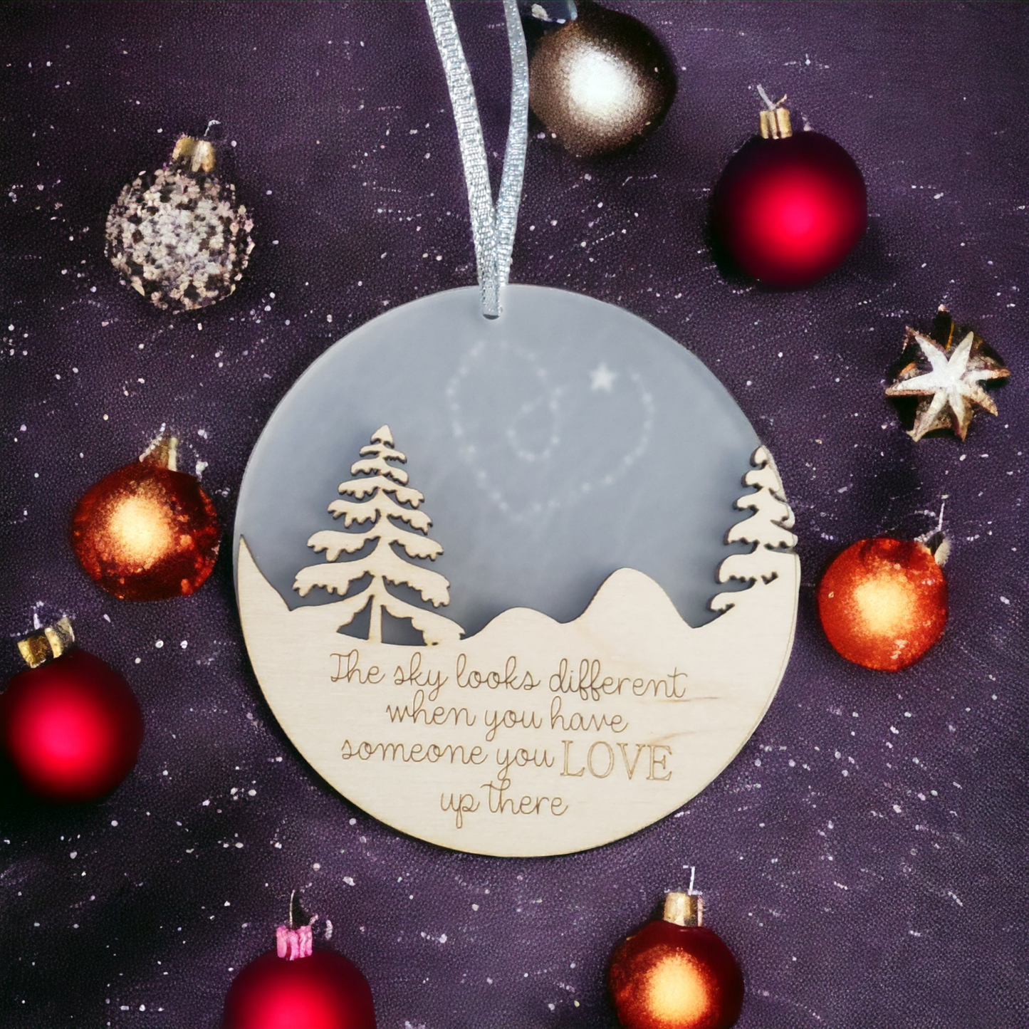 The sky looks different when you have someone you love up there Memorial Christmas Ornament heart in sky