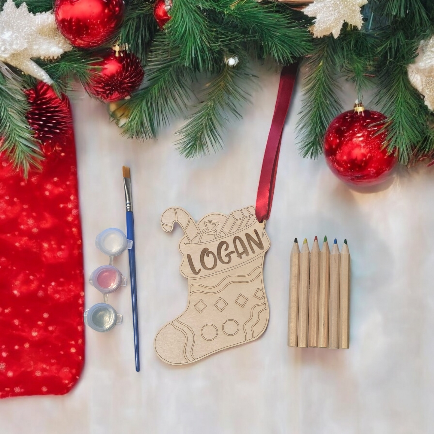 Stuffed Christmas Stocking with goodies Paint or pencils Kit Personalized