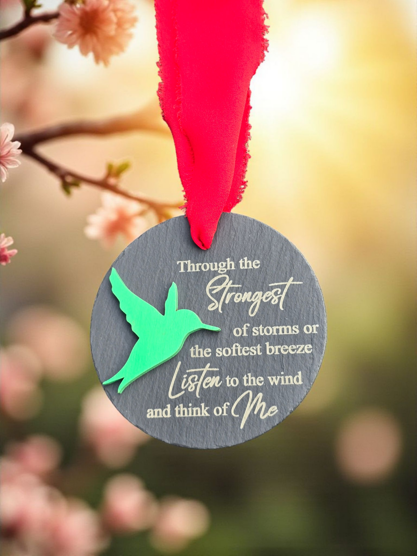 Through the strongest of storms hummingbird slate ornament