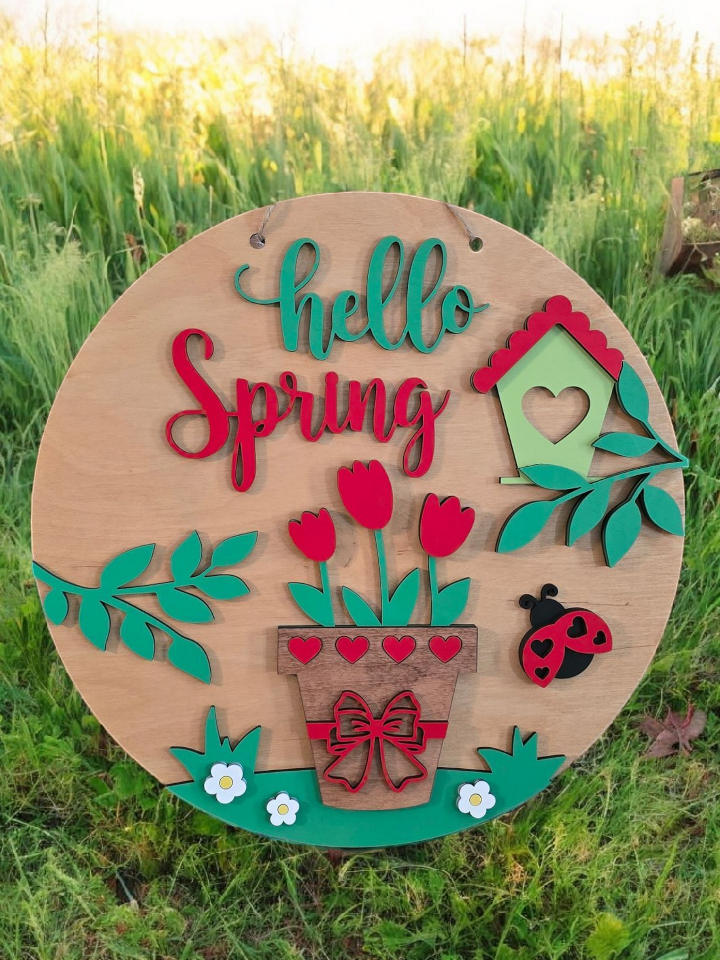 SALE Hello Spring with flower pot and bird house 15" DIY Sign door hanger