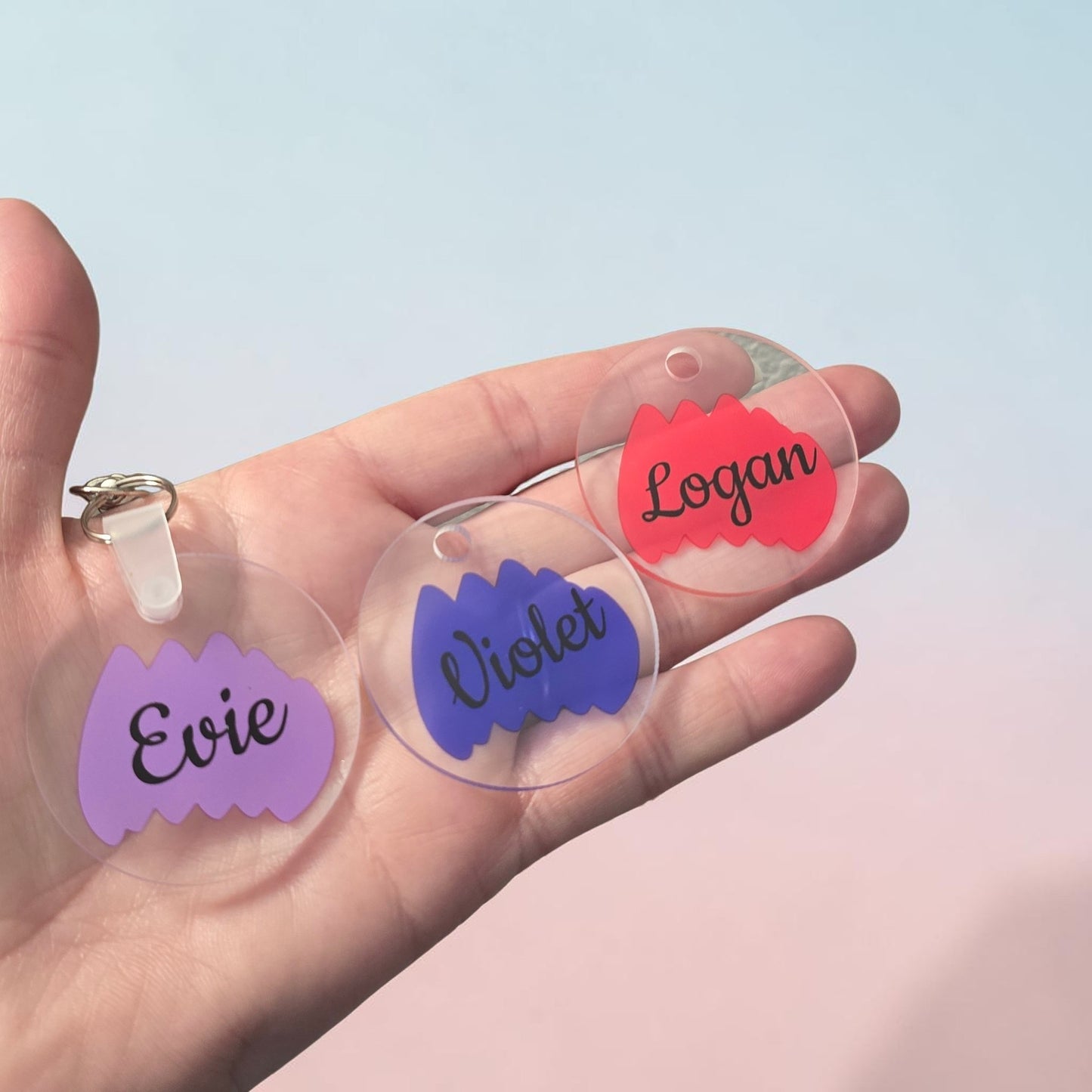 UV printed splotched color keychain on clear acrylic personalized