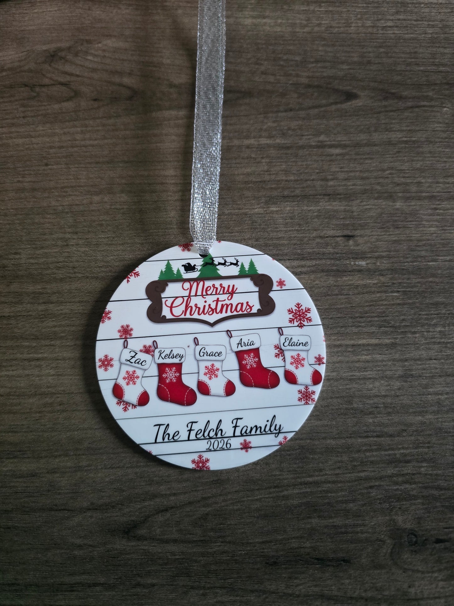 UV printed Merry Christmas with red & white stockings Ornament acrylic personalized up to 8 stockings