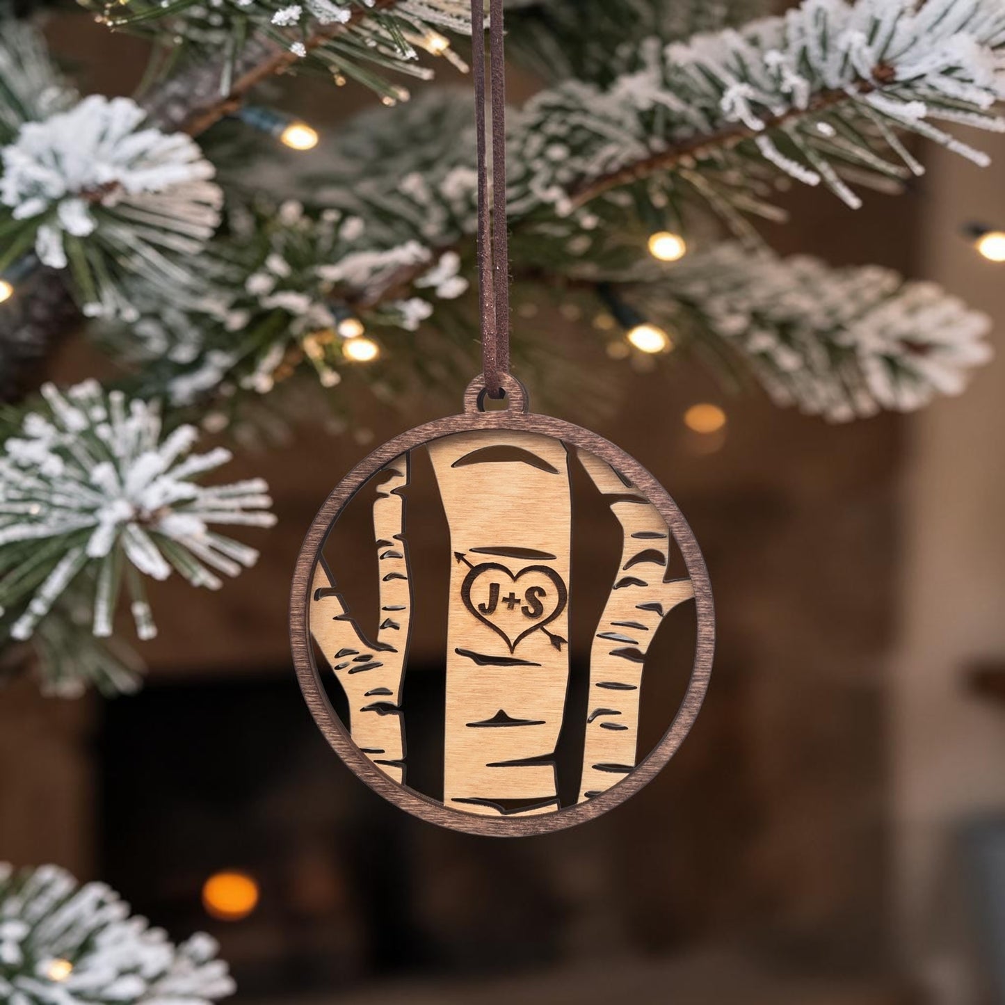 Carved Birch Tree Initials Christmas Ornament Personalized