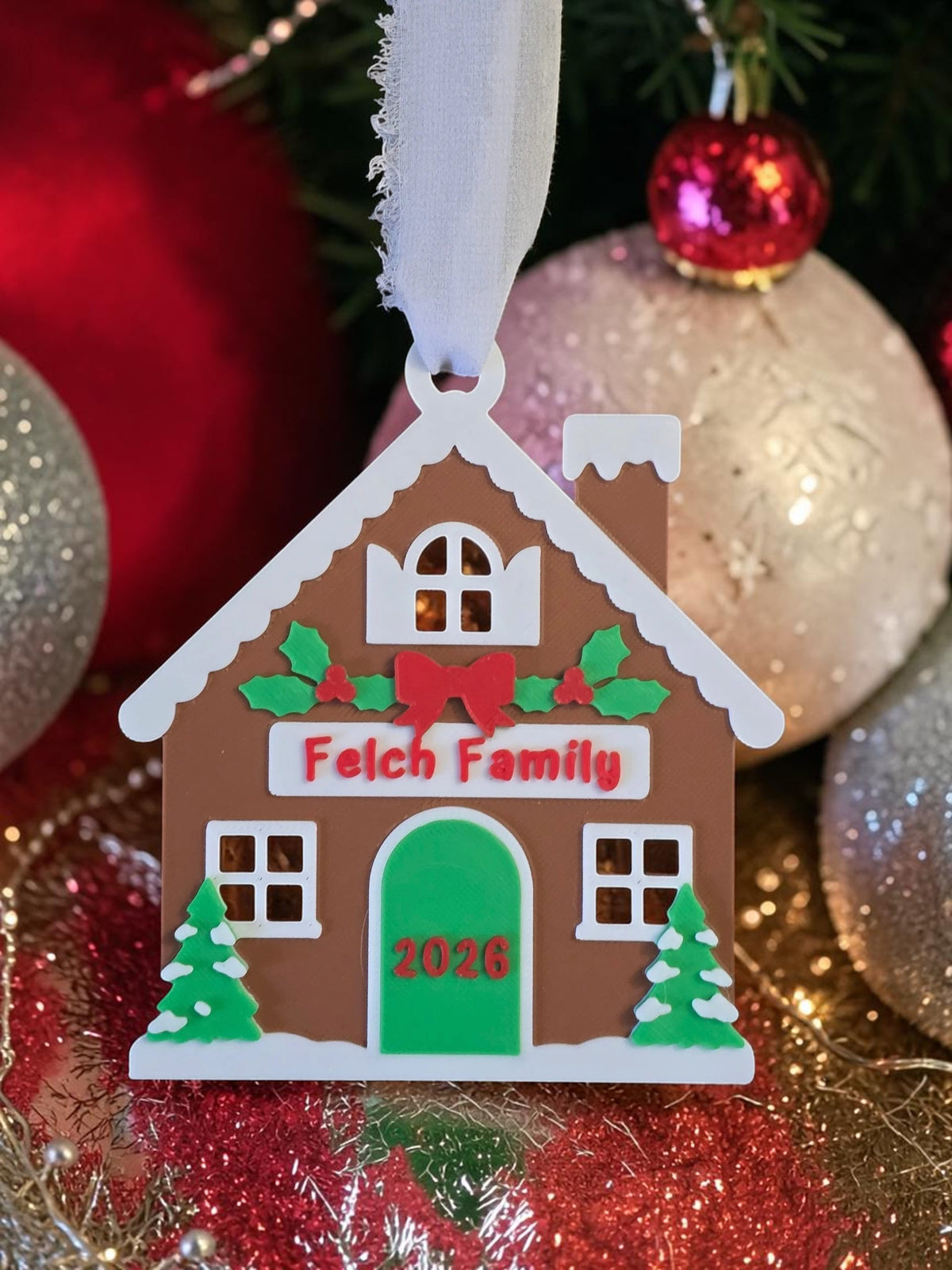 3D printed Gingerbread House Christmas Ornament Personalized with year