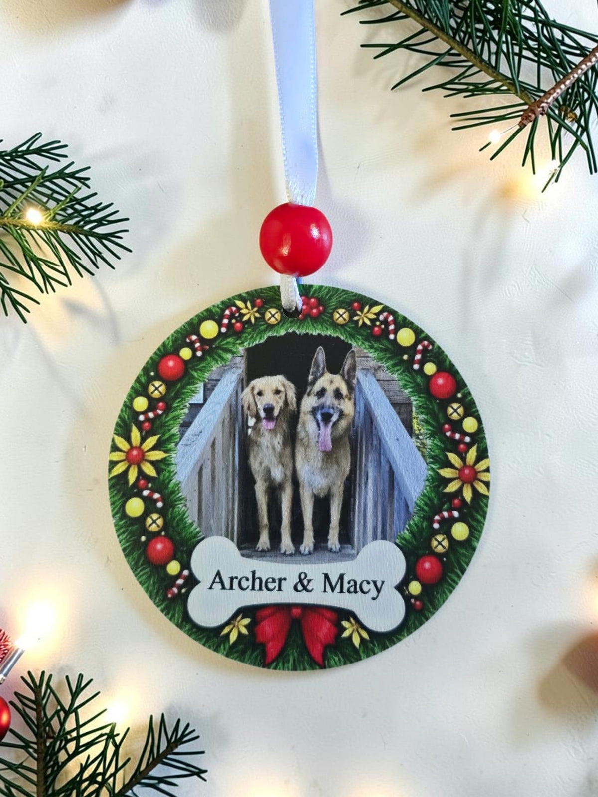 UV printed Dog Wreath with bone Christmas Ornament upload picture personalized with dog name
