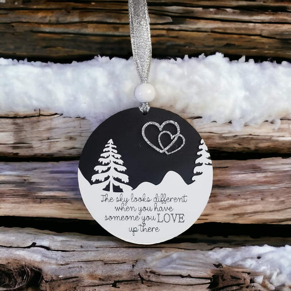 Black and white version The sky looks different when you have someone you love up there Memorial Christmas Ornament heart in sky Black & white