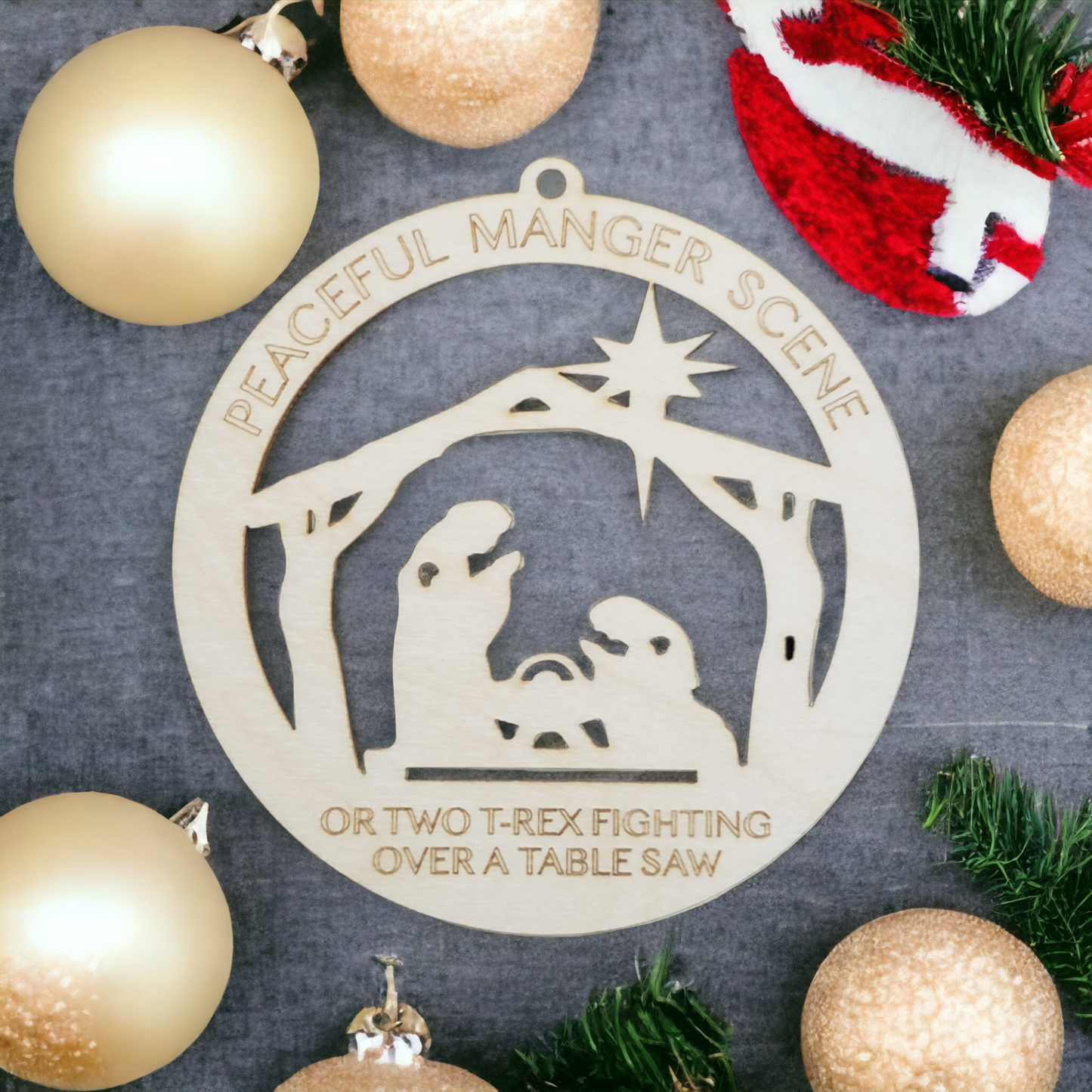 T-Rex Peaceful manger scene table saw