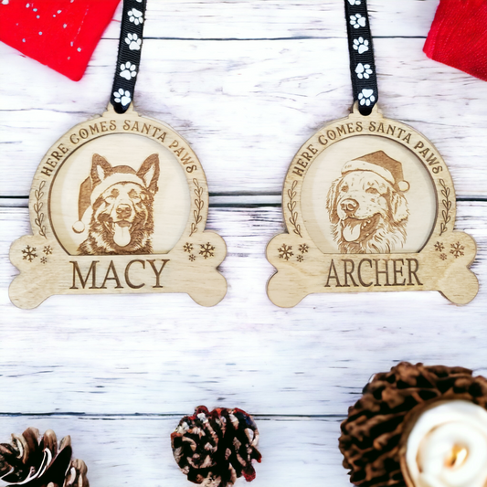 Here comes Santa Paws Personalized Christmas Ornament pick dog from photo