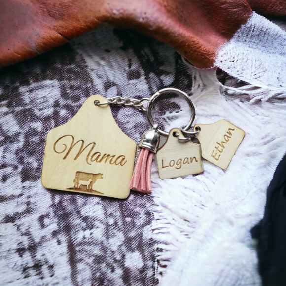 Mama Ear Tag Highland Cow Personalized with kids Keychain