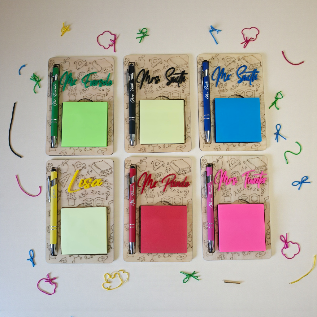 Flower and school theme sticky notepad holder with pen personalized teacher