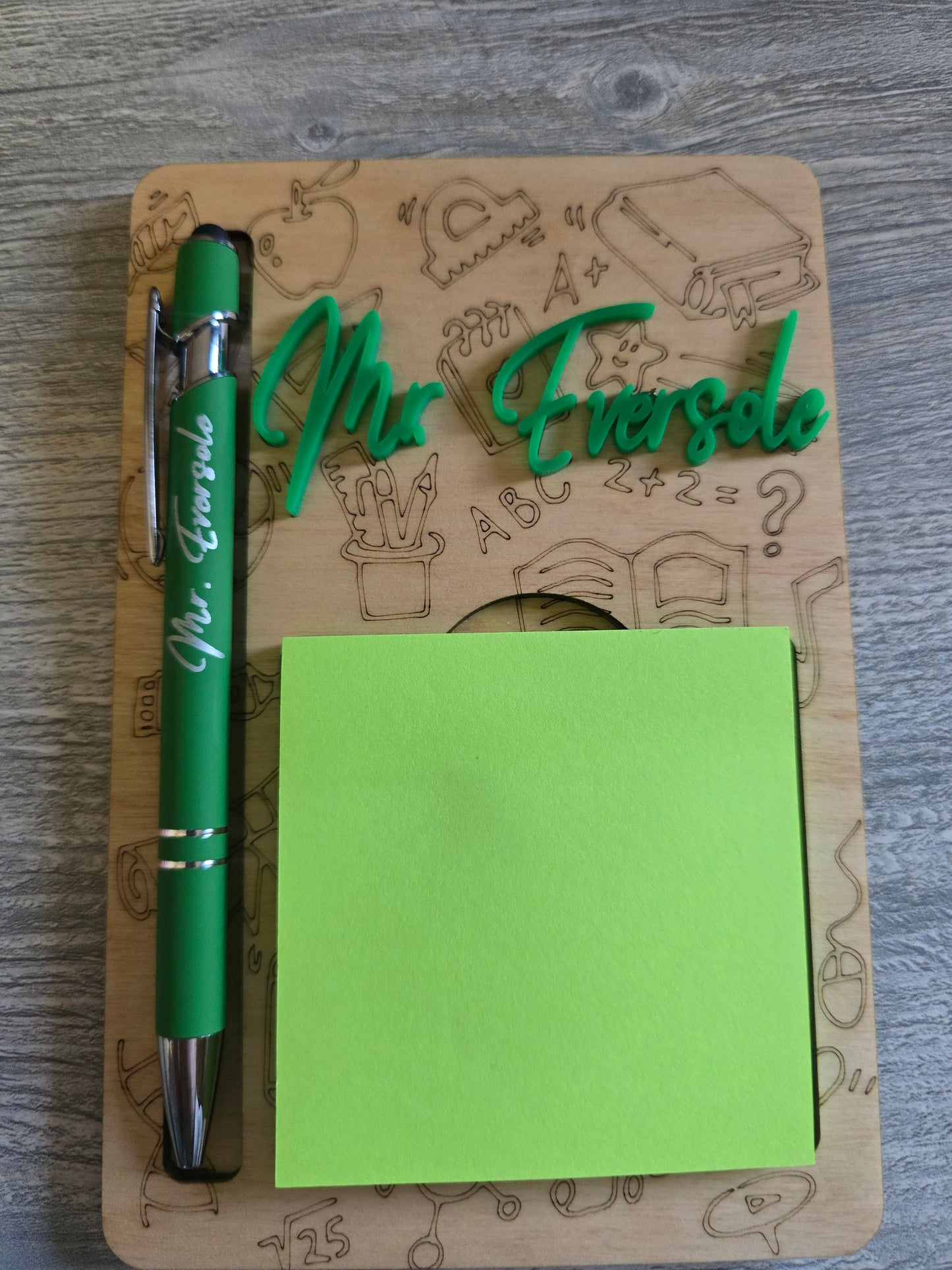 Flower and school theme sticky notepad holder with pen personalized teacher