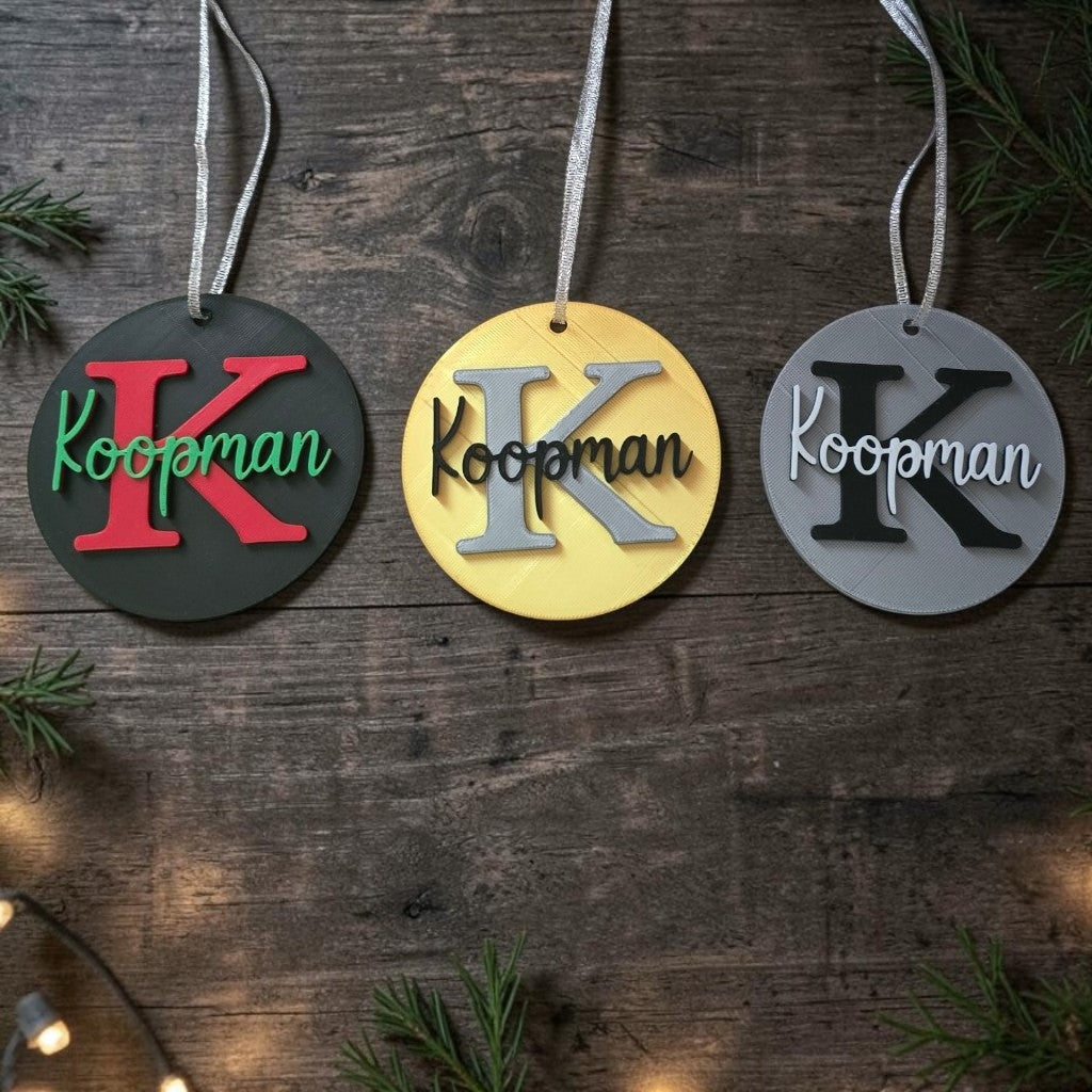 3D printed Family Name and Initial Christmas Ornament personalized