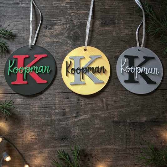 3D printed Family Name and Initial Christmas Ornament personalized
