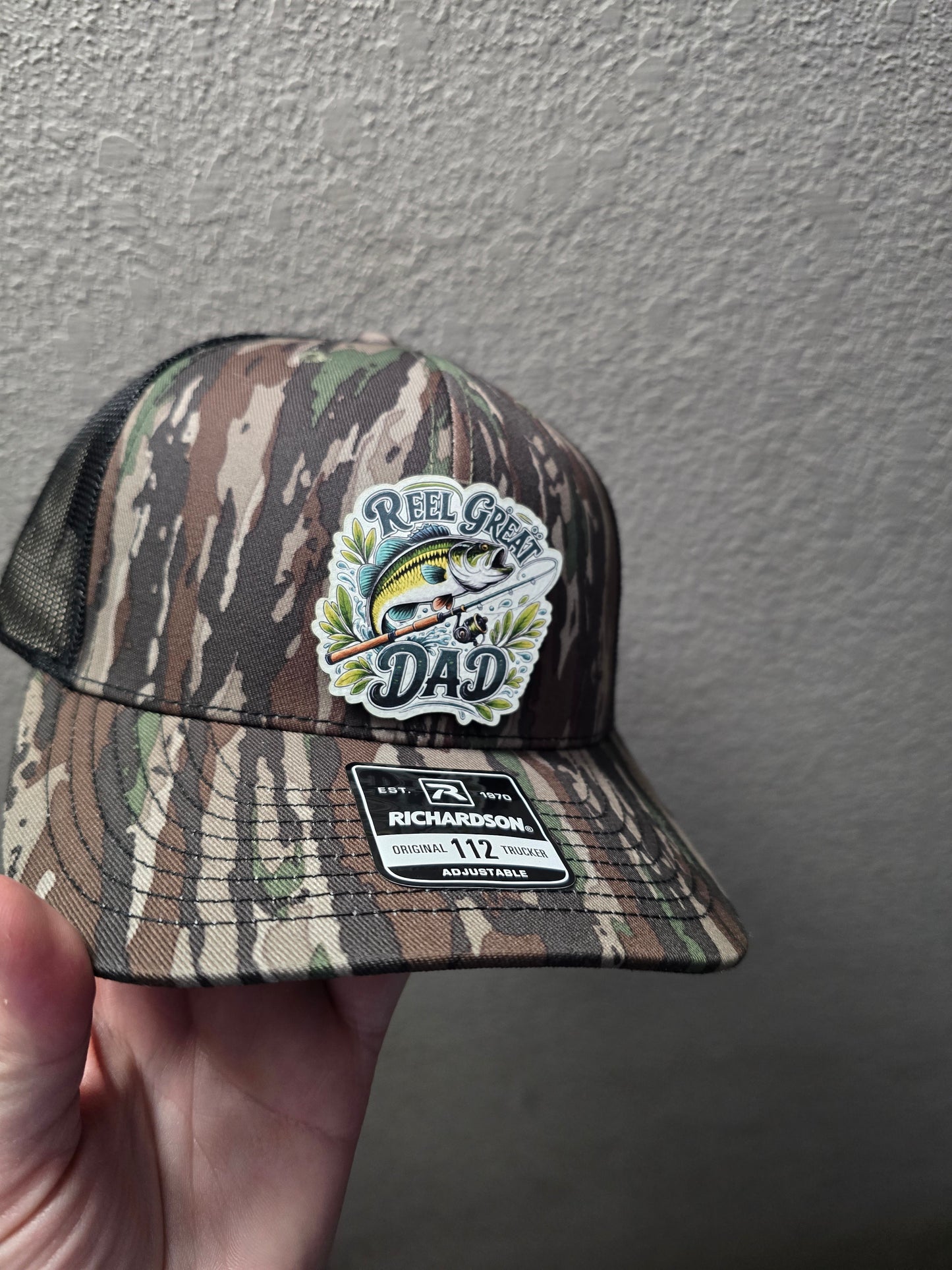 UV printed patch Reel cool Dad or Reel Great Dad fish Real Tree Camo or gray/black Richardson 112 Hat