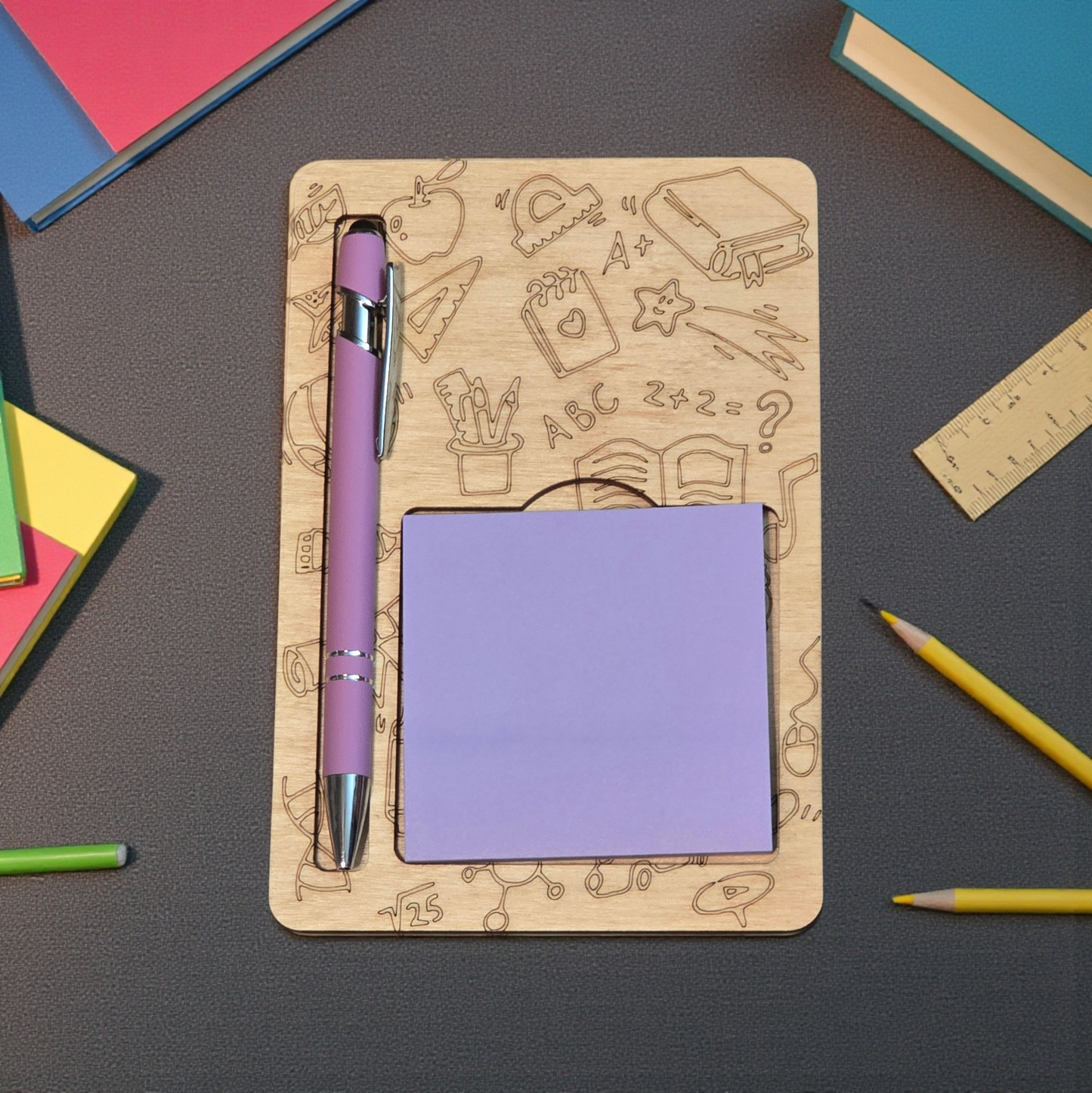 Flower and school theme sticky notepad holder with pen personalized teacher