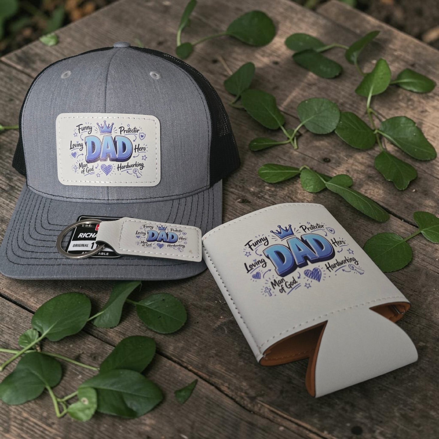 Father's Day bundle UV printed DAD Hat, koozie, keychain