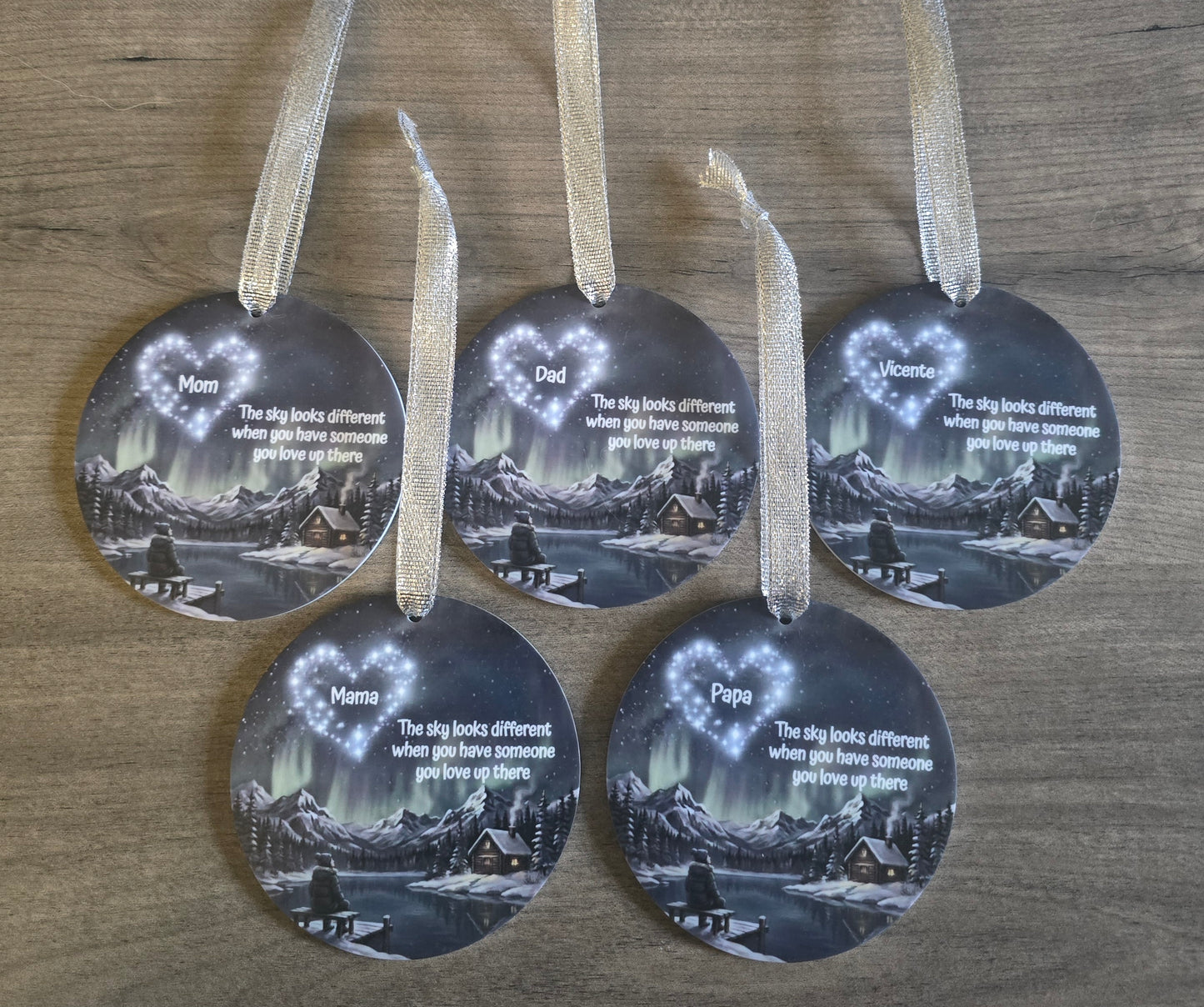 UV printed Mountains with northern lights The sky looks different when you have someone you love up there personalized Memorial Christmas Ornament