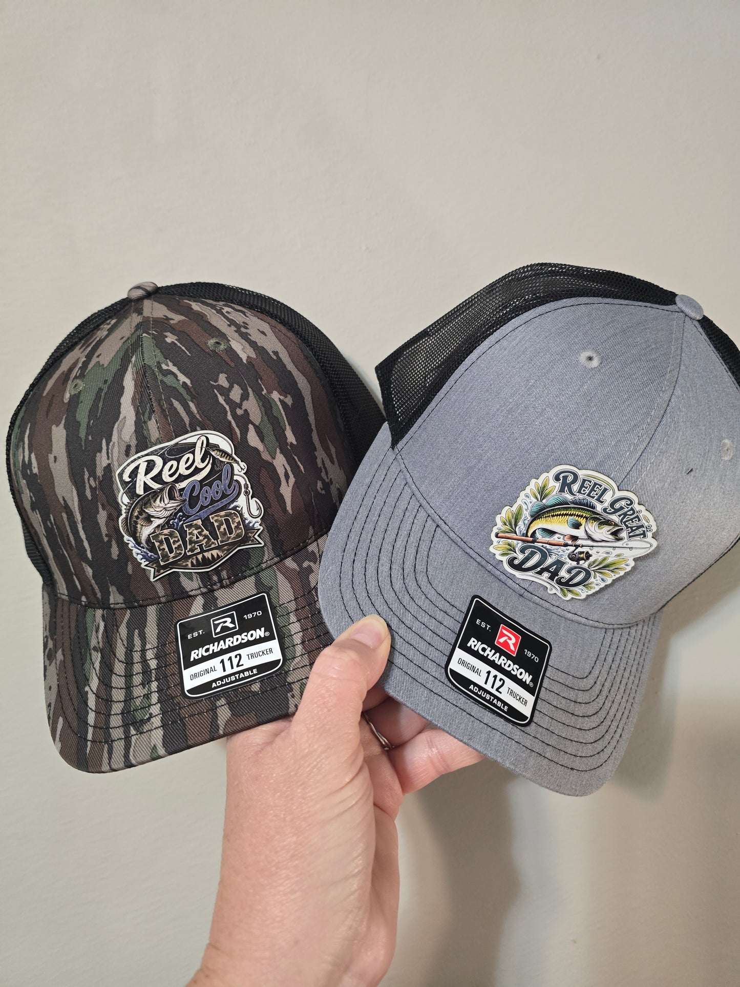 UV printed patch Reel cool Dad or Reel Great Dad fish Real Tree Camo or gray/black Richardson 112 Hat
