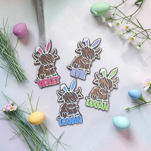 Highland Cow Easter Bunny basket tag ornament personalized