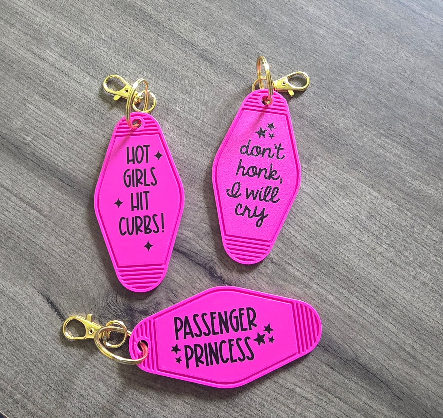 Pink 3D printed & UV printed motel keychain sarcastic