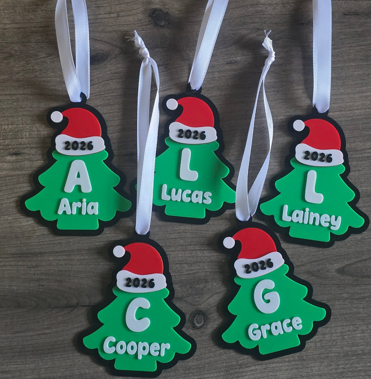 3D printed Santa Hat Christmas tree ornament personalized with name, and letter and year