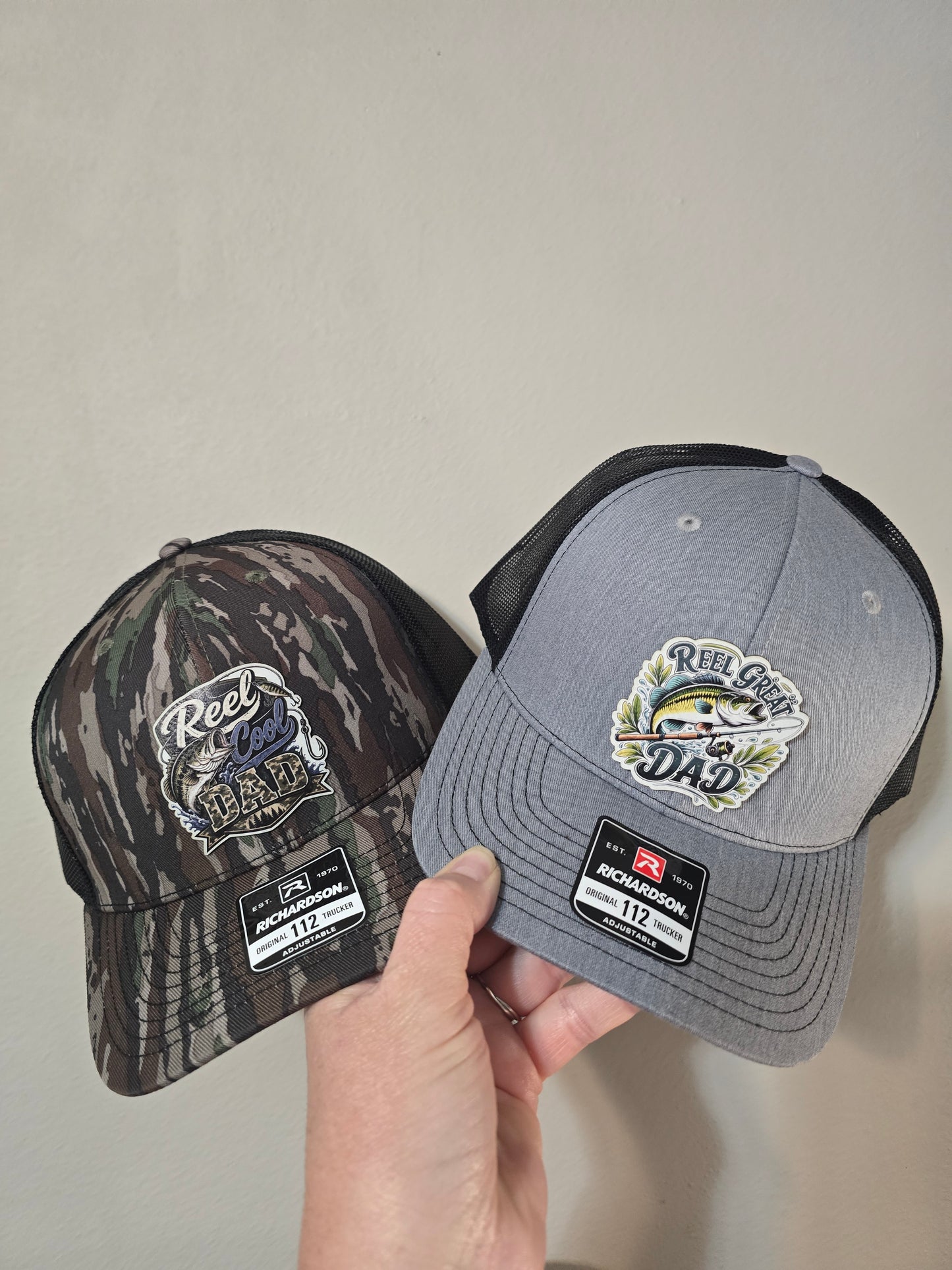 UV printed patch Reel cool Dad or Reel Great Dad fish Real Tree Camo or gray/black Richardson 112 Hat