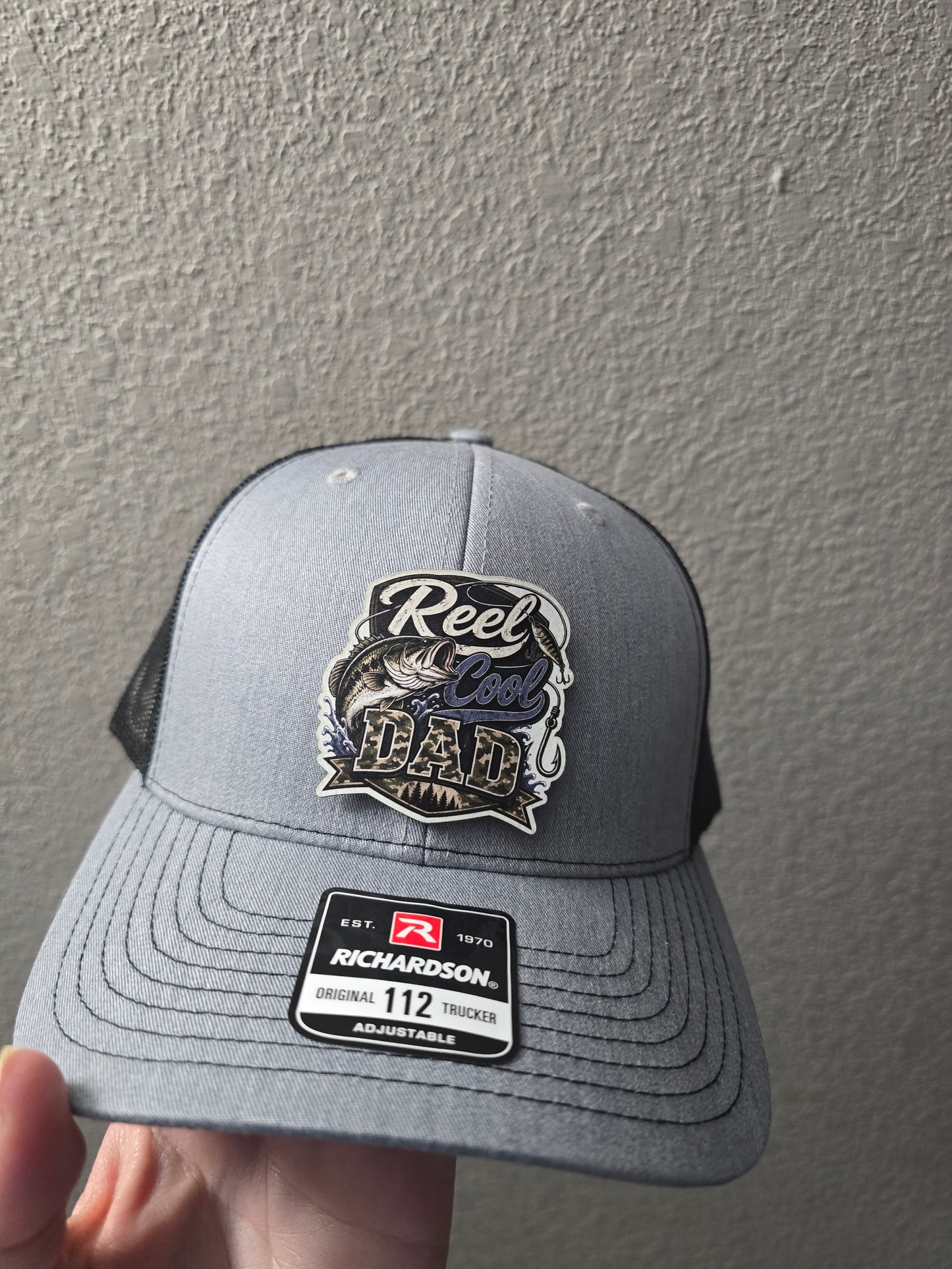UV printed patch Reel cool Dad or Reel Great Dad fish Real Tree Camo or gray/black Richardson 112 Hat