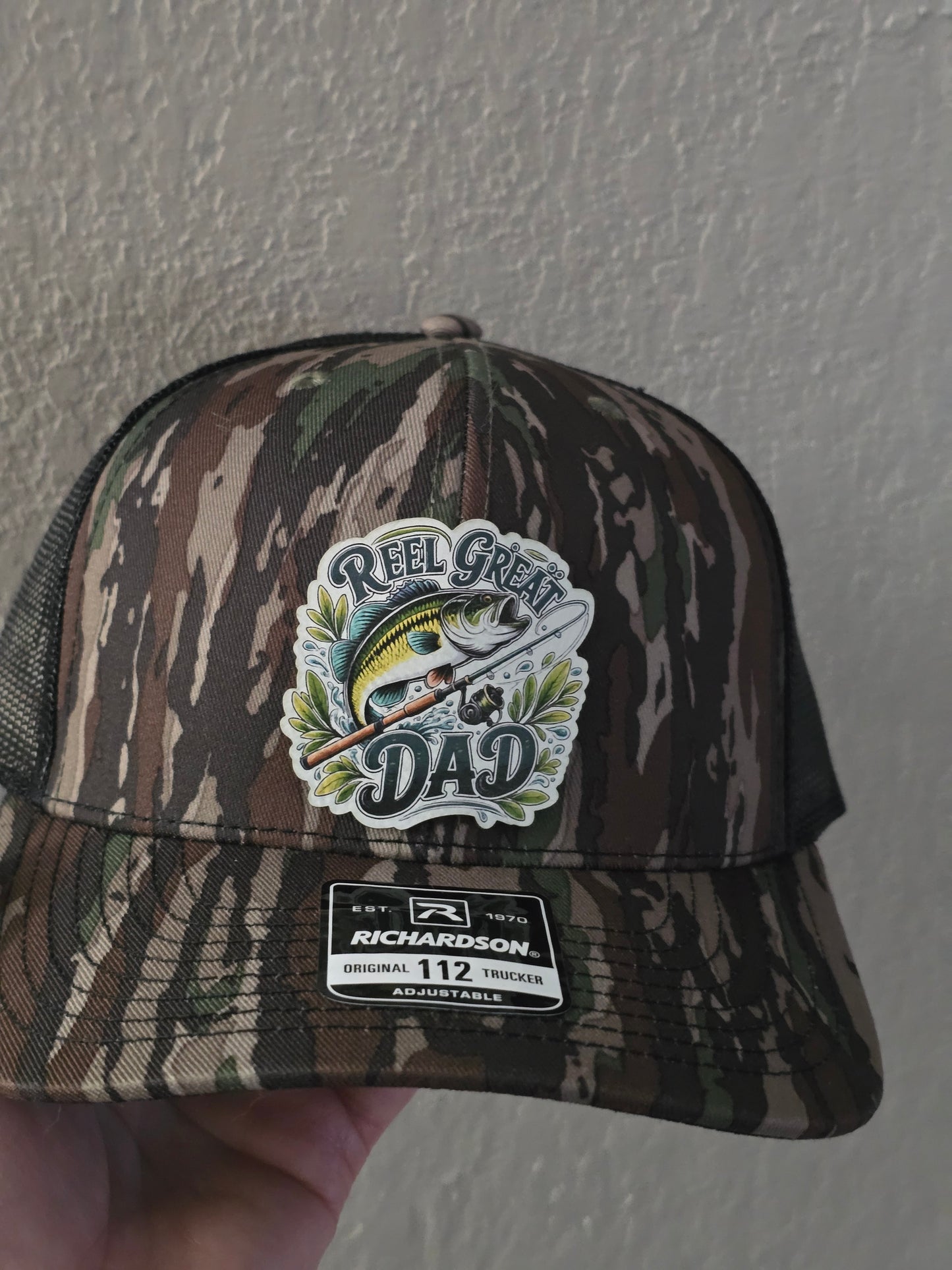 UV printed patch Reel cool Dad or Reel Great Dad fish Real Tree Camo or gray/black Richardson 112 Hat