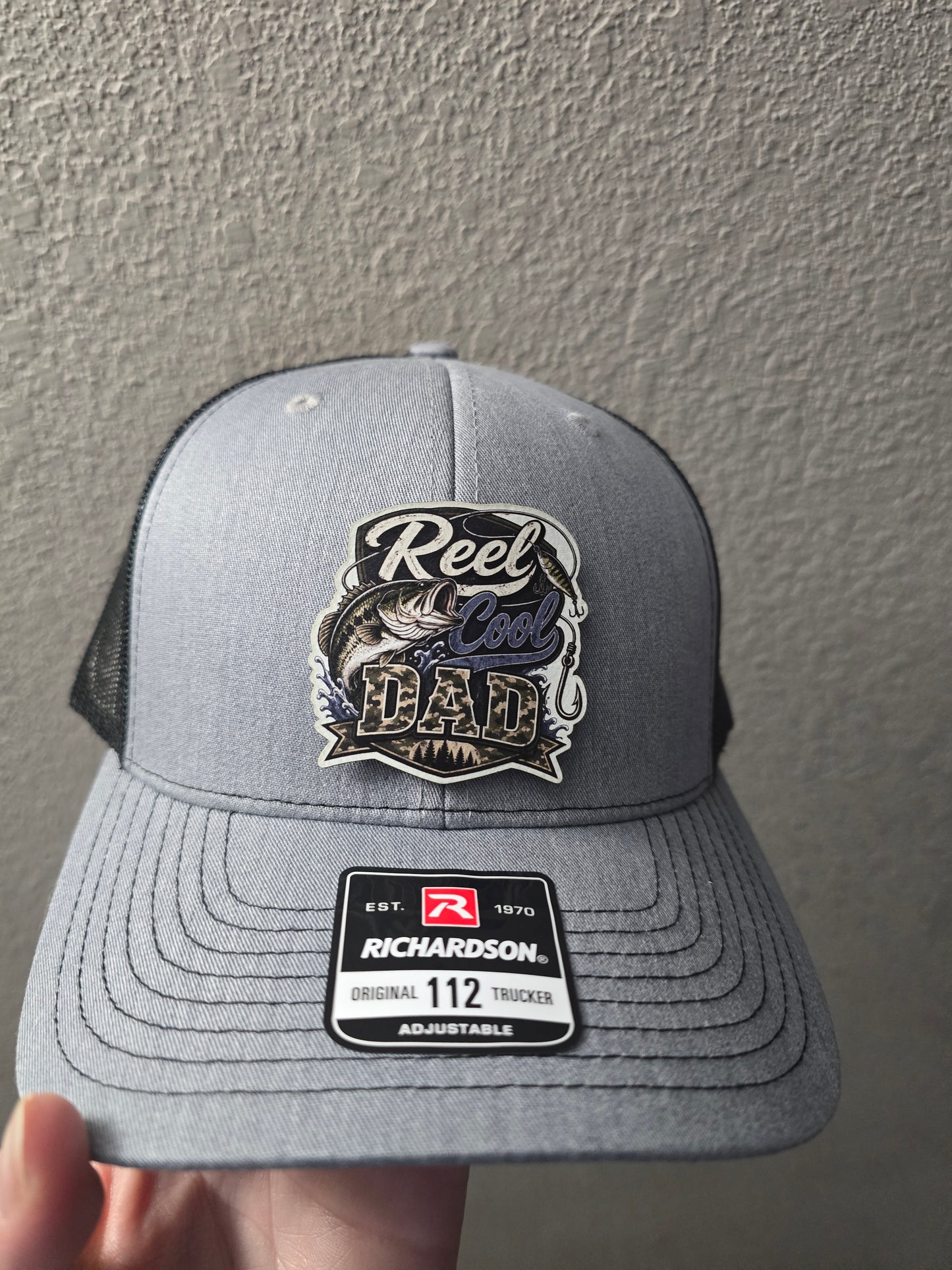 UV printed patch Reel cool Dad or Reel Great Dad fish Real Tree Camo or gray/black Richardson 112 Hat