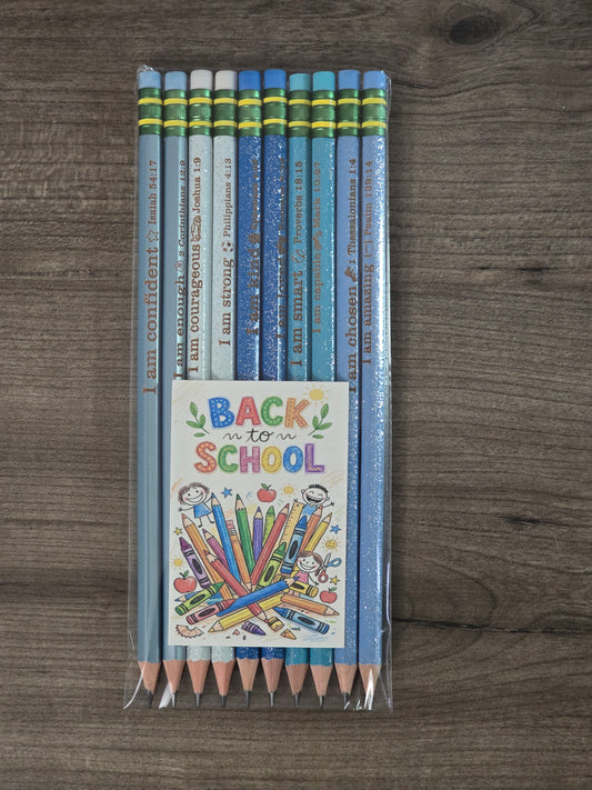 I am School Pencils Pastel, blue glitter, yellow