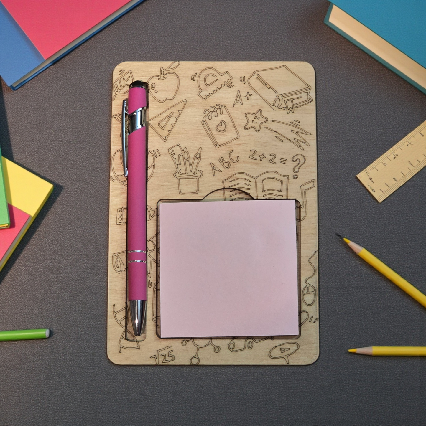 Flower and school theme sticky notepad holder with pen personalized teacher