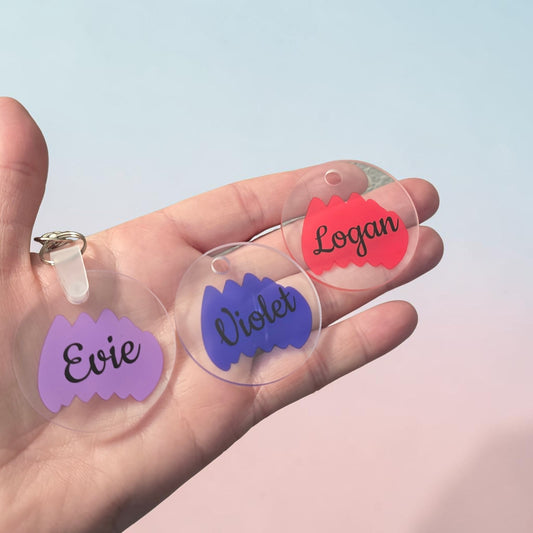 UV printed splotched color keychain on clear acrylic personalized