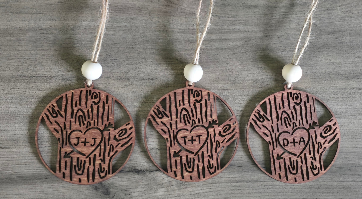 Carved tree Christmas Ornament with initials personalized