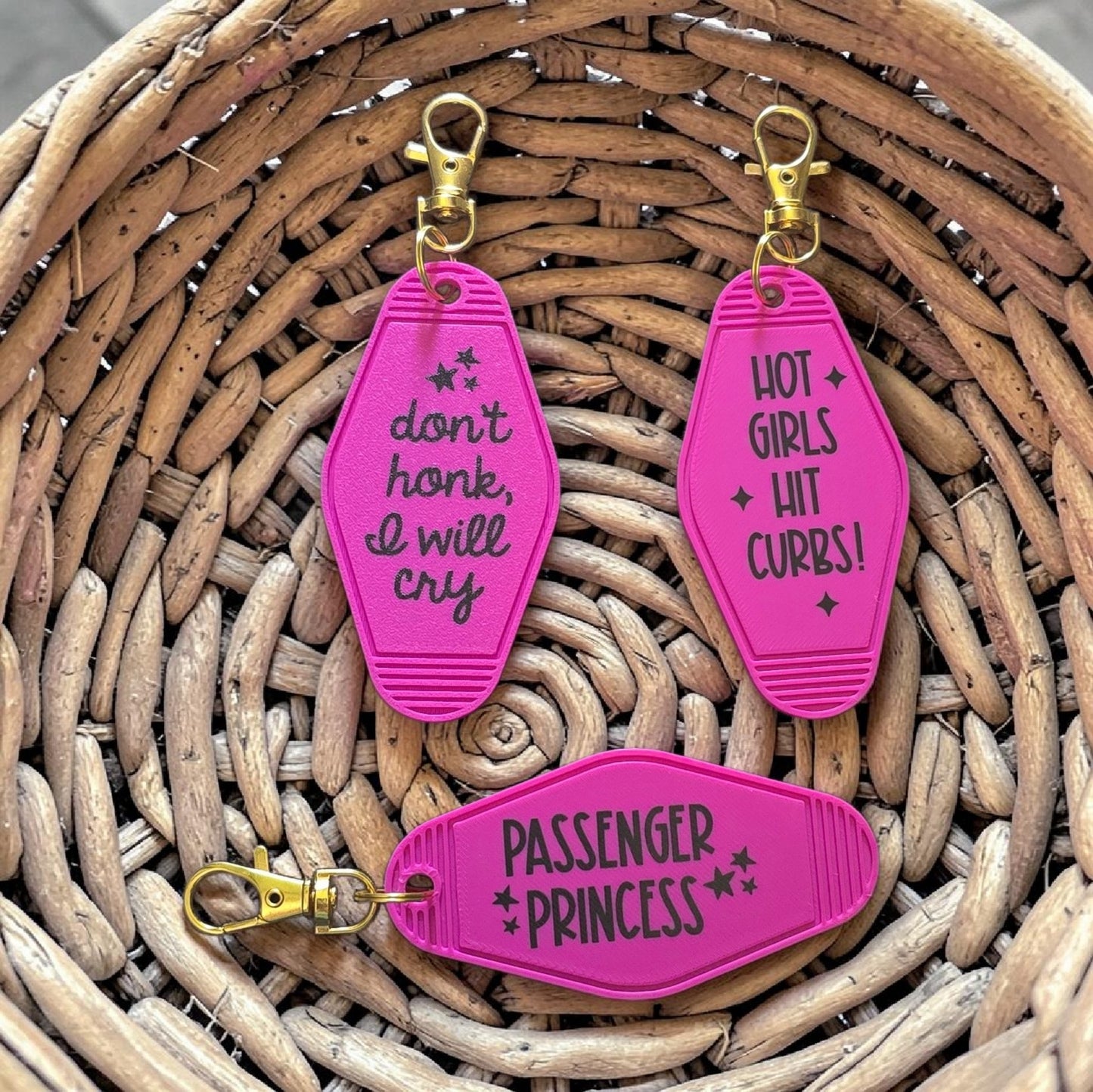 Pink 3D printed & UV printed motel keychain sarcastic
