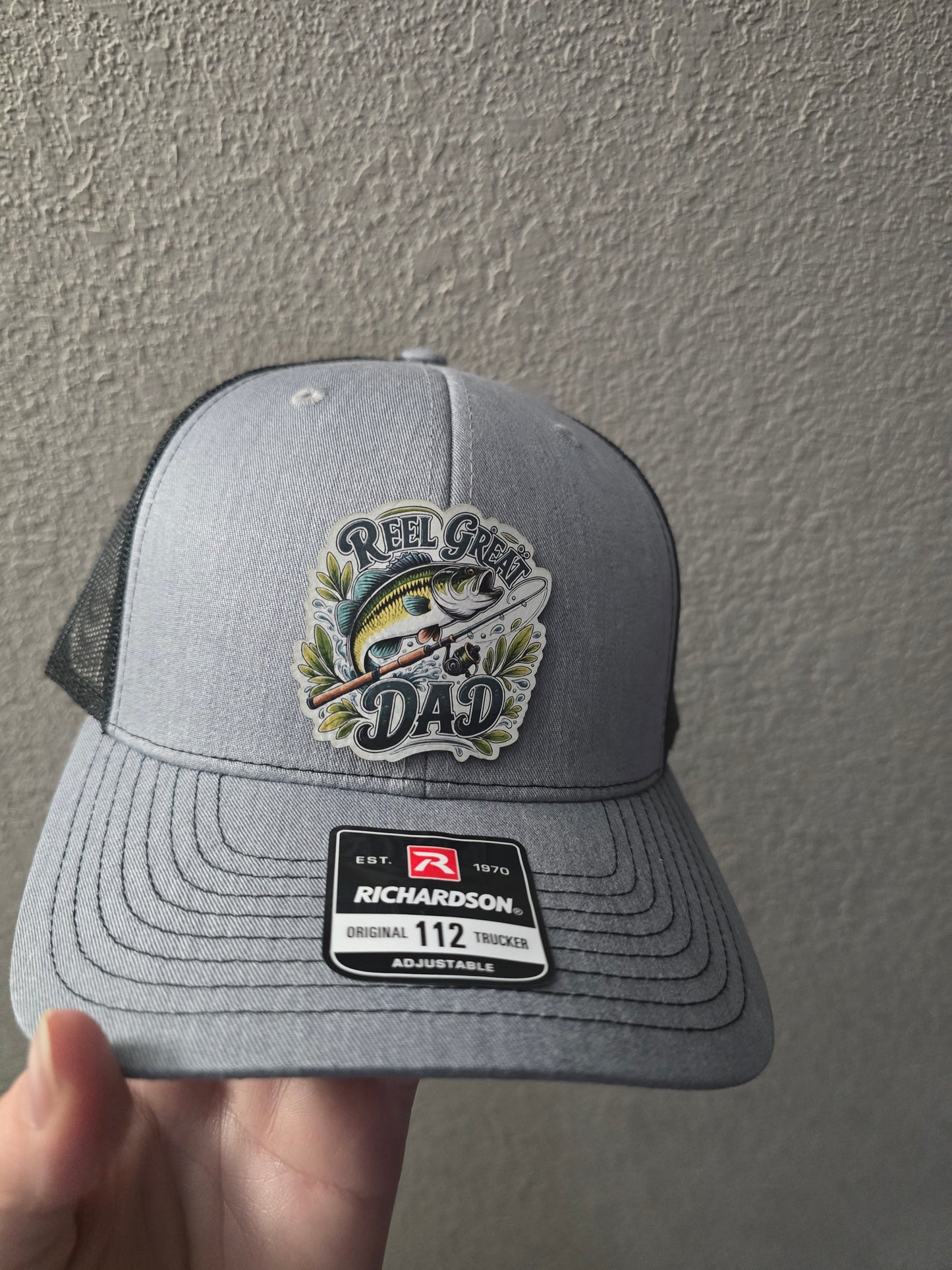 UV printed patch Reel cool Dad or Reel Great Dad fish Real Tree Camo or gray/black Richardson 112 Hat