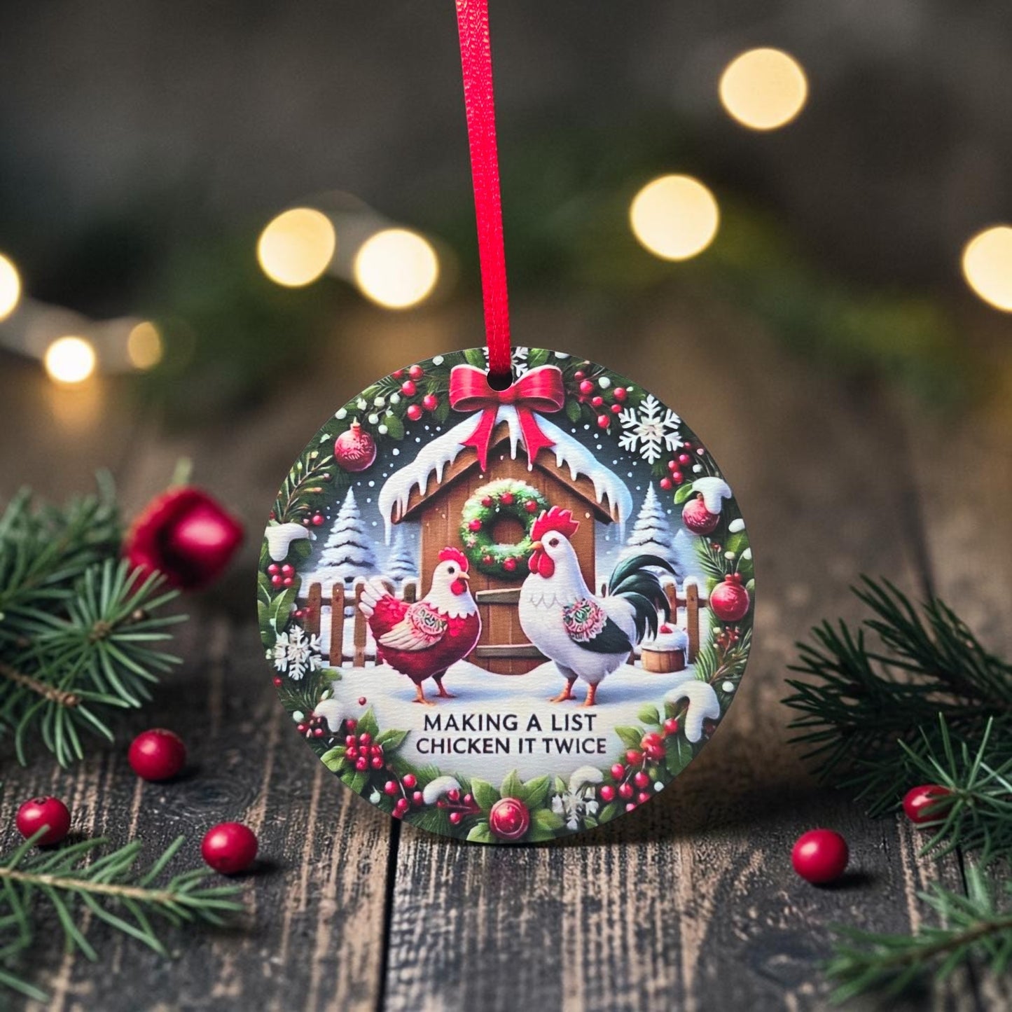 UV printed Making a list chicken it twice Christmas Ornament