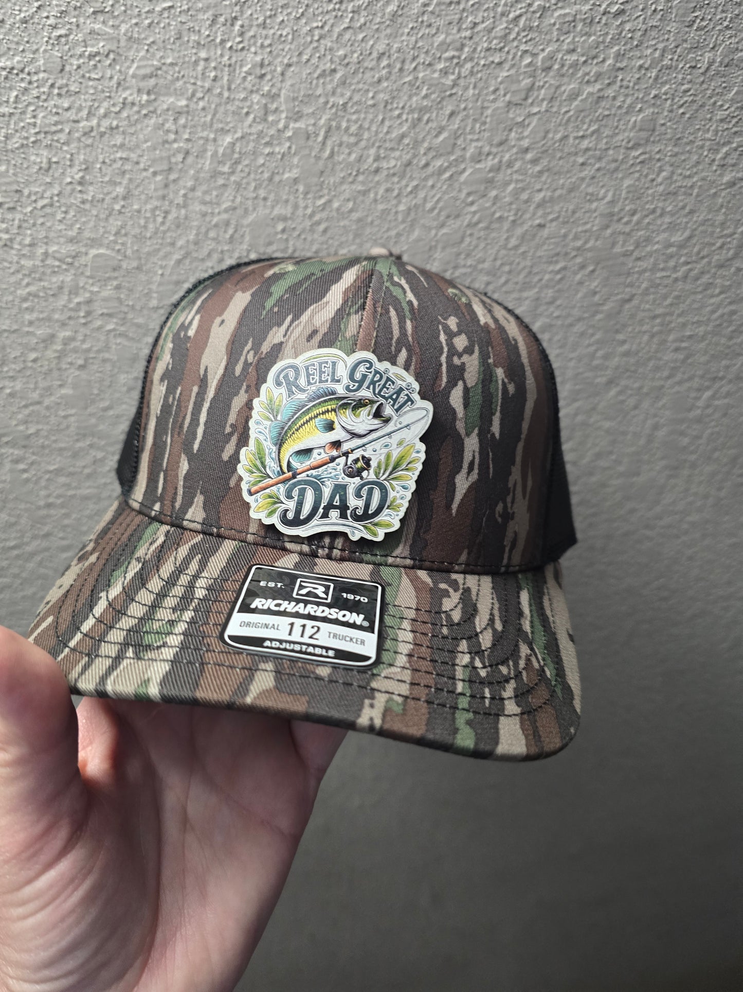 UV printed patch Reel cool Dad or Reel Great Dad fish Real Tree Camo or gray/black Richardson 112 Hat