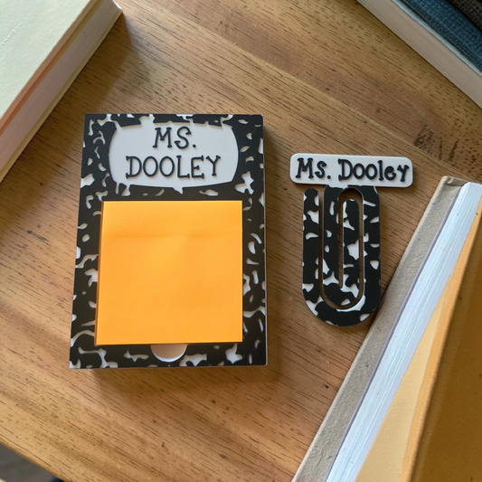 3D printed Composition style sticky note holder and jumbo paperclip personalized