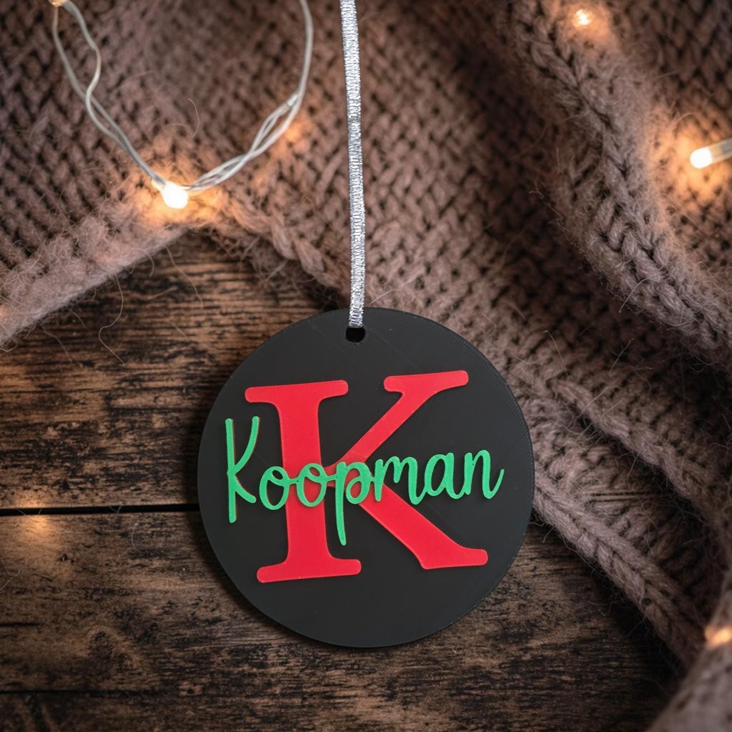 3D printed Family Name and Initial Christmas Ornament personalized