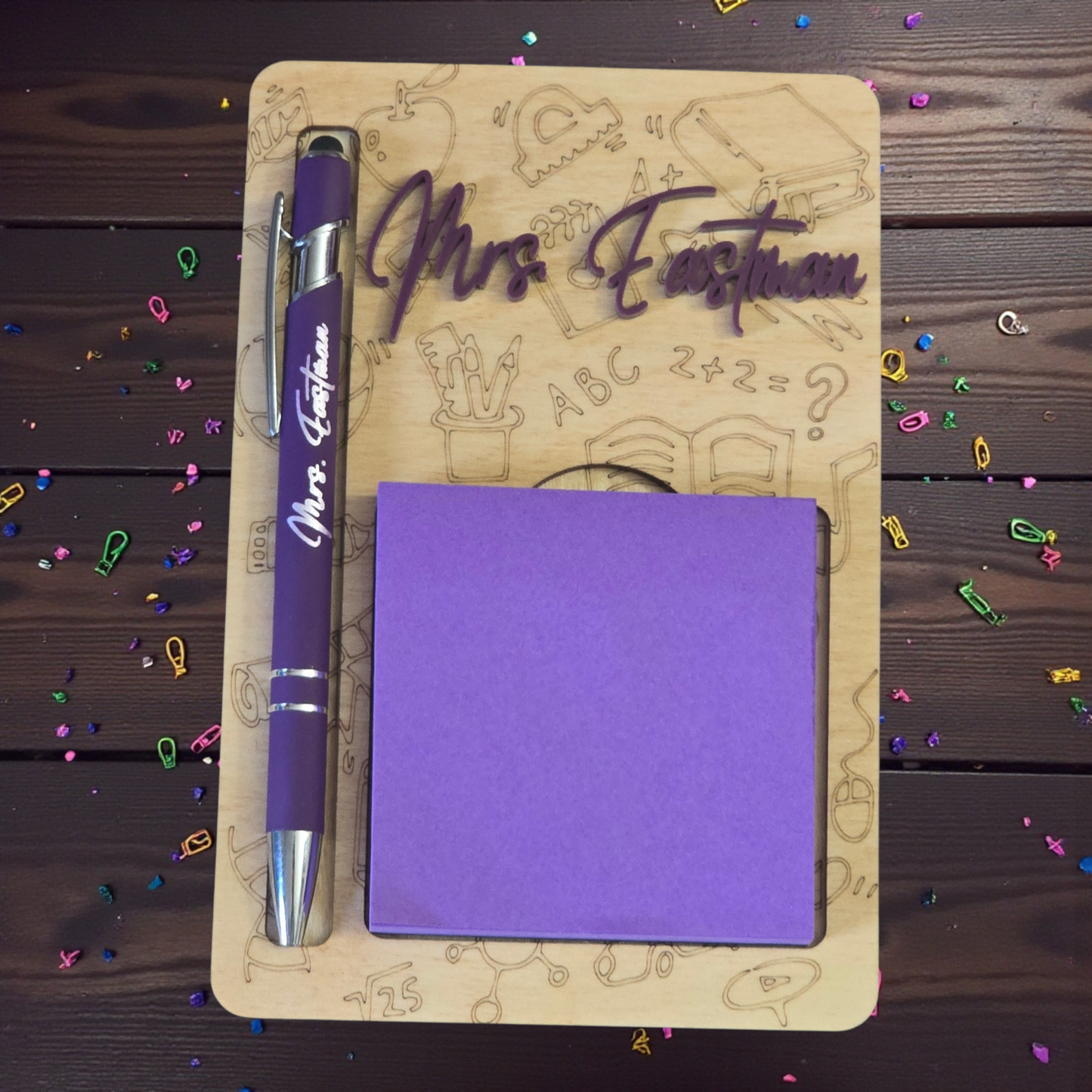 Flower and school theme sticky notepad holder with pen personalized teacher