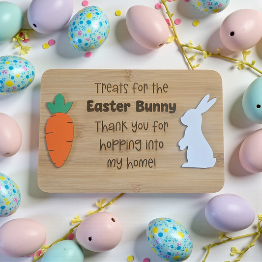 Treats for the Easter Bunny thank you for hopping into my home tray decoration personalized