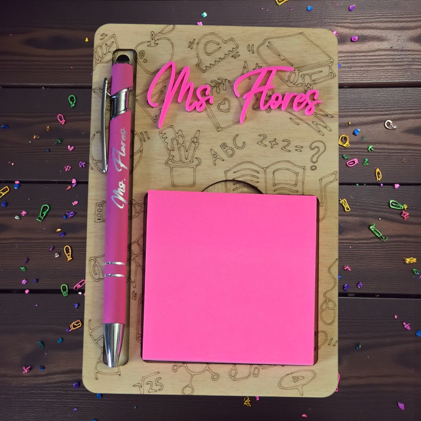 Flower and school theme sticky notepad holder with pen personalized teacher