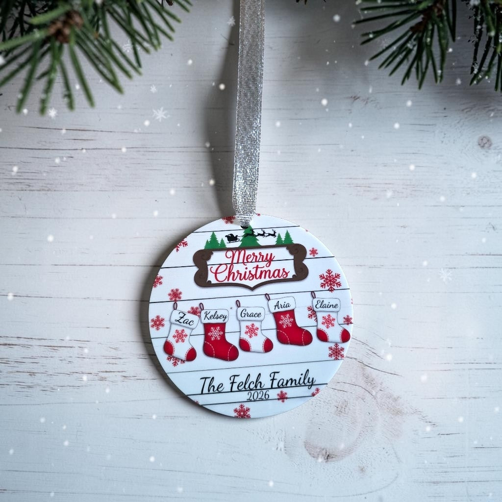UV printed Merry Christmas with red & white stockings Ornament acrylic personalized up to 8 stockings
