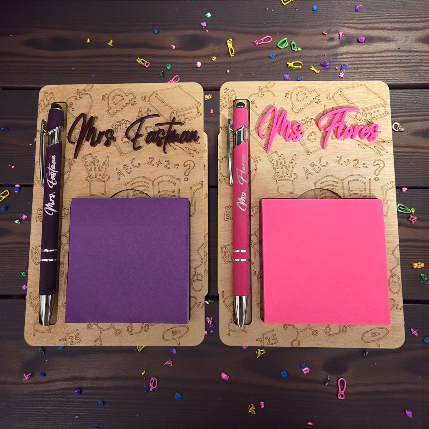 Flower and school theme sticky notepad holder with pen personalized teacher