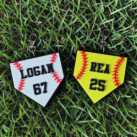3D printed Home Plate bag tag personalized with name and number baseball softball
